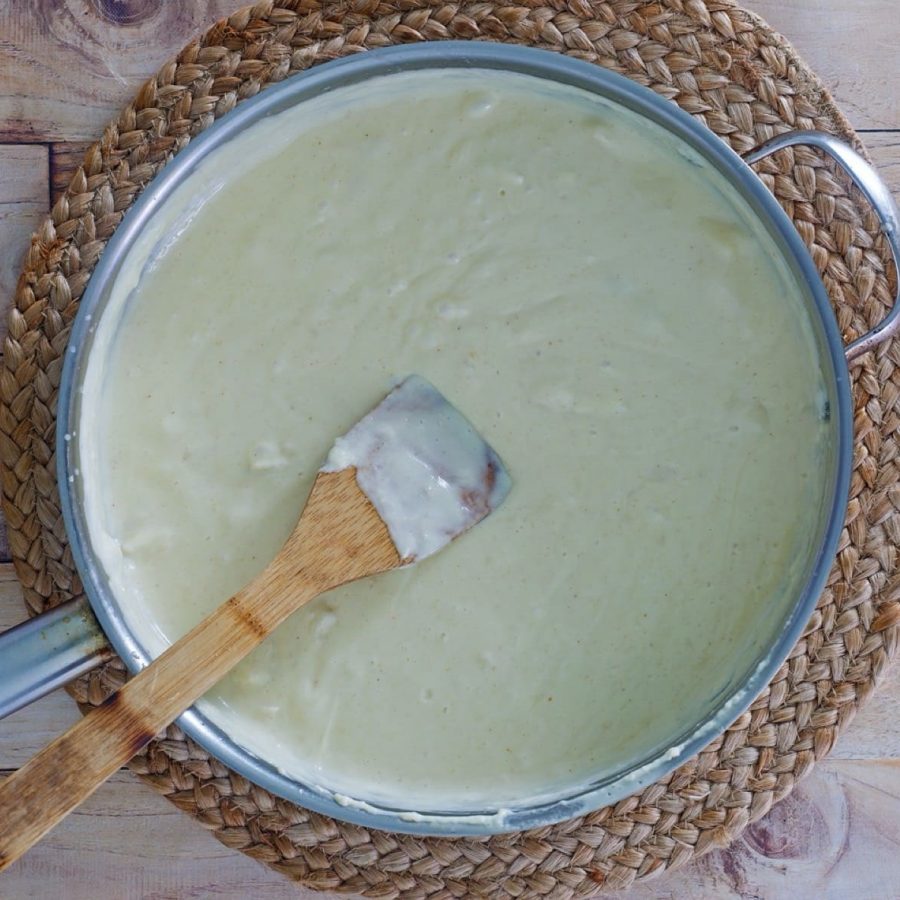5.	Whisk in the heavy cream and chicken stock then bring to a simmer, stirring constantly.  Simmer for 10 minutes stirring occasionally
6.	Remove cream mixture from heat and whisk in the brie and gruyere cheeses until smooth: