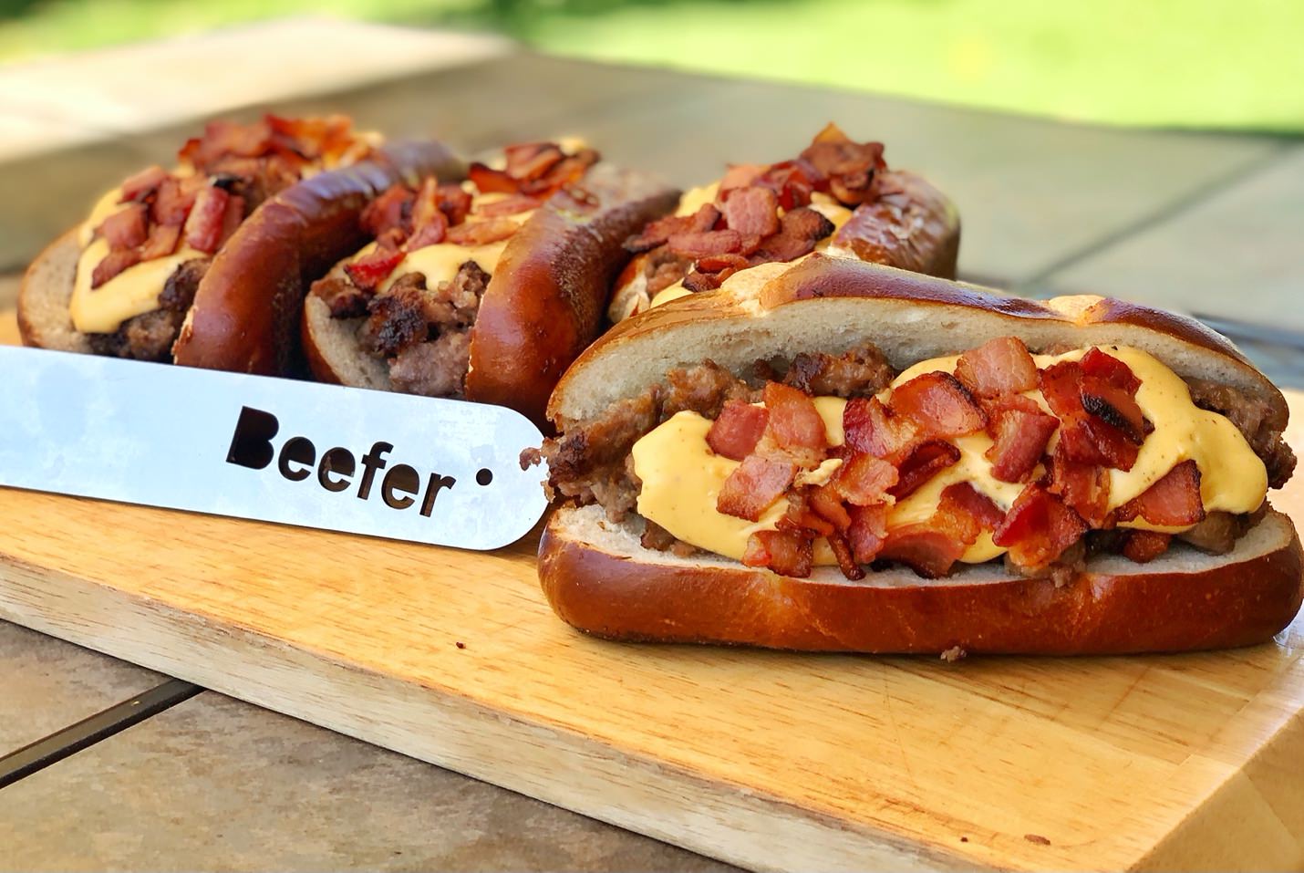 Triple B Pretzel Subs (Bratwurst, Beer Cheese and Bacon) from the Beefer