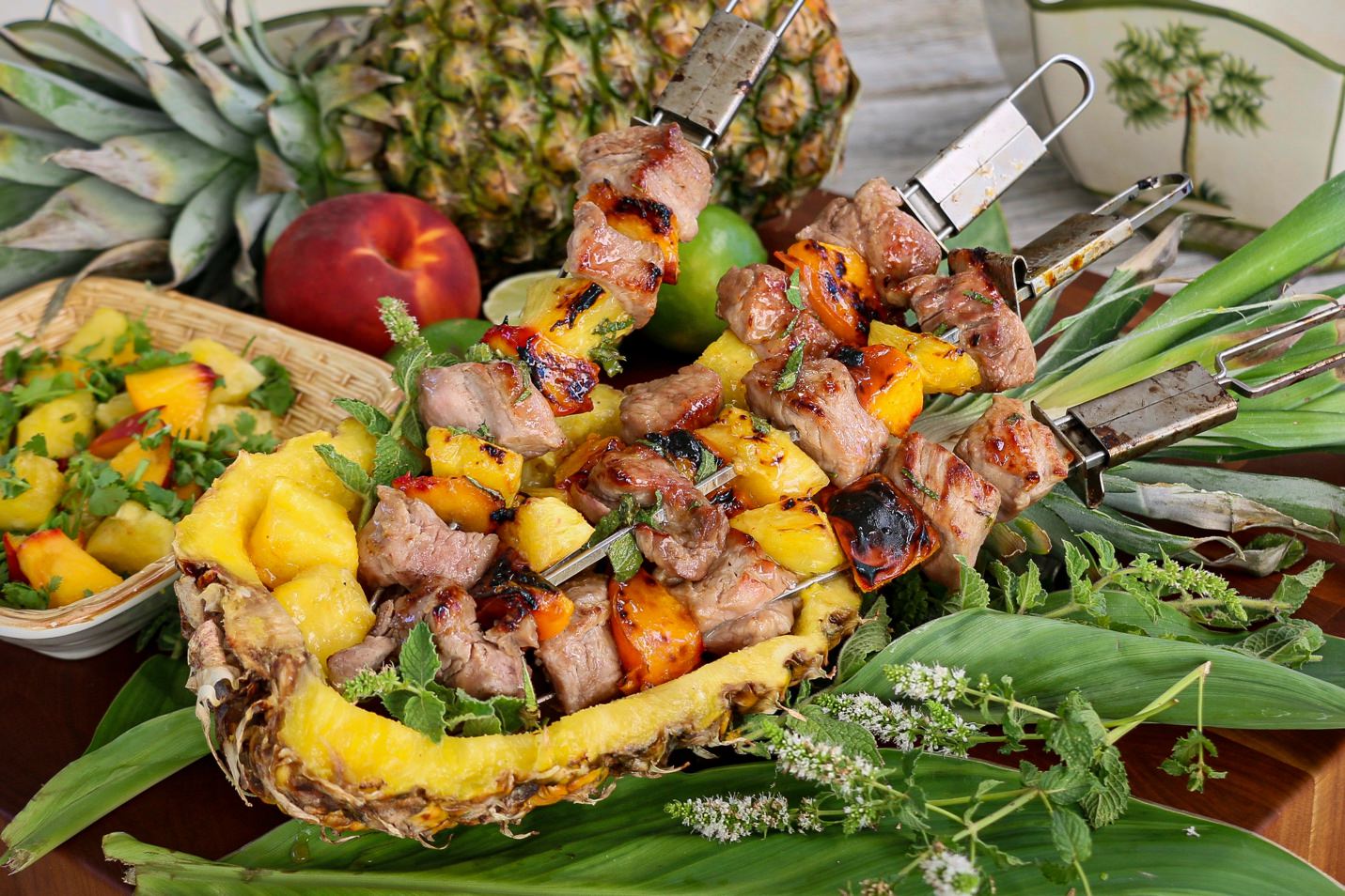 Pork, Peach, and Pineapple Kebabs with Zesty Mint Agave from the Beefer