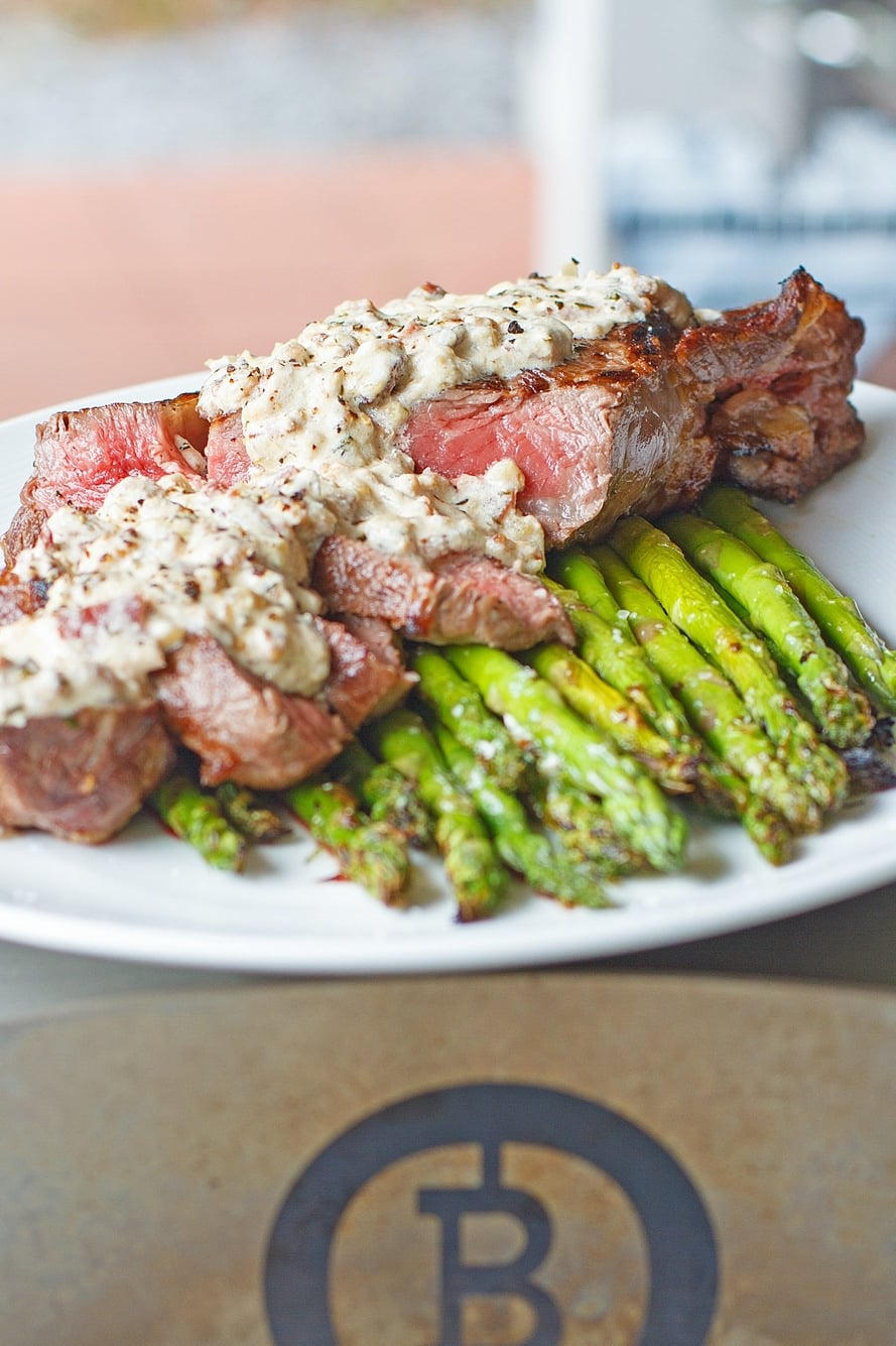Ribeye & Asparagus topped with Bacon Bourbon Cream Sauce from the Beefer